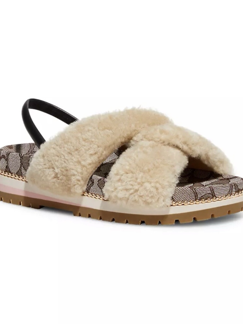 Coach Tally Shearling Crossband Sandal Monogram Footbed Pearl Trim Size 6